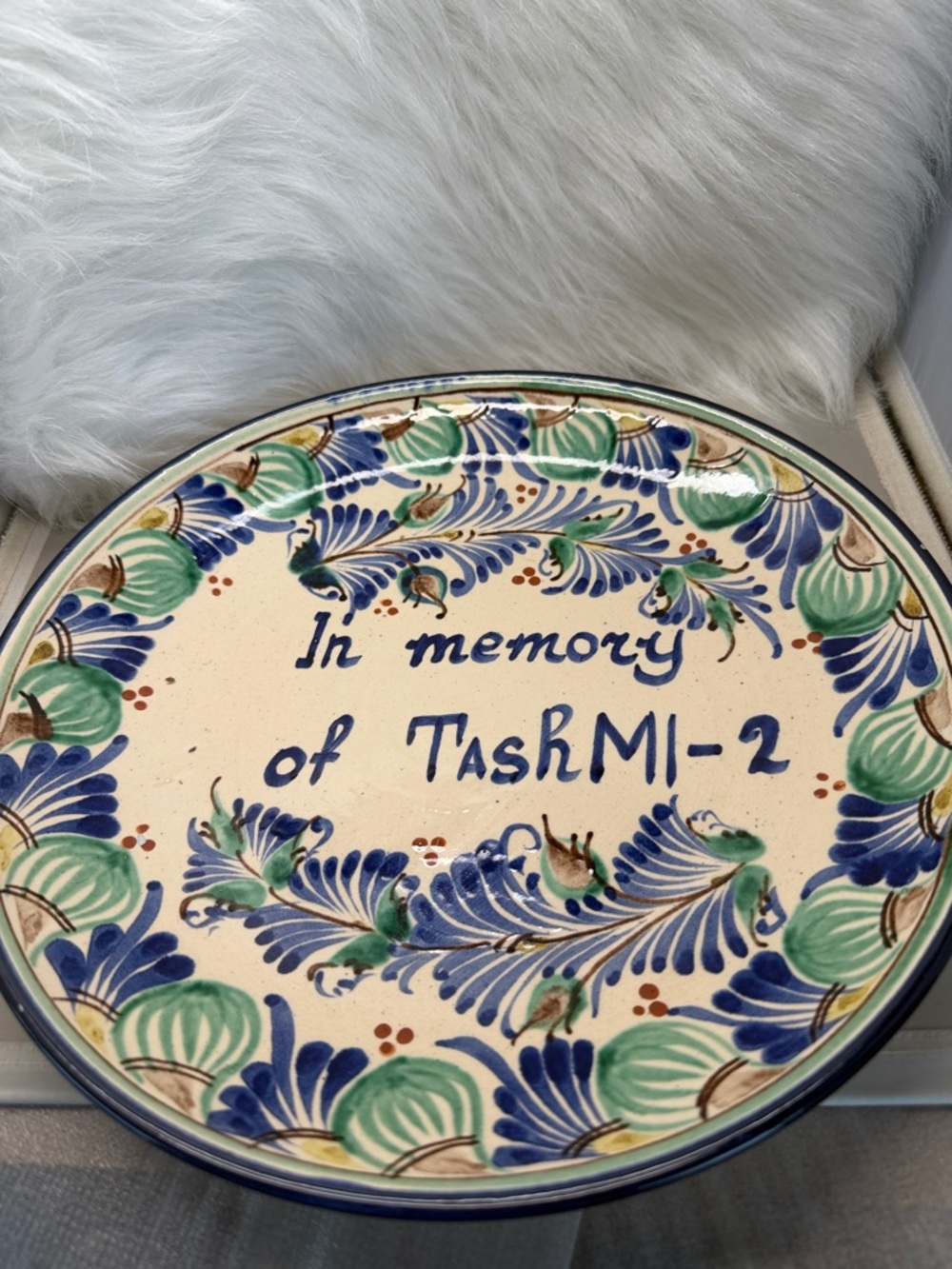 Hand-Painted Memorial Decorative Plate - Cream, Blue & Green